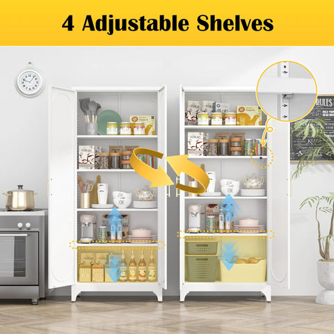 Tall White Metal Pantry Cabinet With Door 75 Inch High Kitchen Storage Cupboard With Adjustable Feet and 4 Shelves