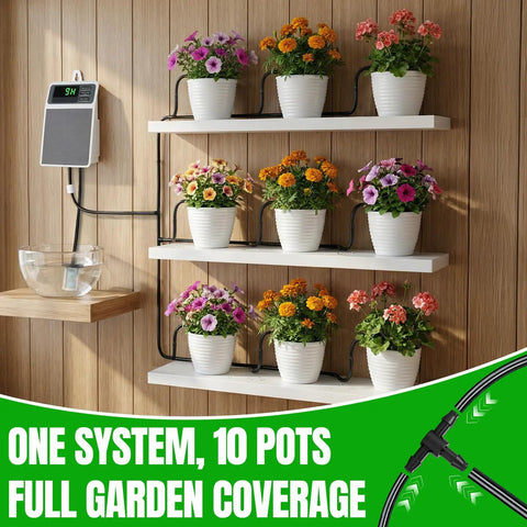 Sun Powered Drip Irrigation System With Auto Watering Kit And Timer, USB Rechargeable for pots and planters on shelves