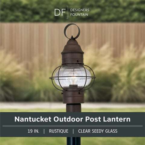 Outdoor Lantern Post Light With Rustic Bronze Finish, Weather Resistant Post Lamp for Yard, Seedy Glass Shade, Classic Scroll Arm