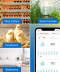 WiFi Thermometer and Humidity Sensor IBS TH3 Smart Temp Humidity Monitor With Remote Phone Access, 2.4GHz Wireless Control, No Gateway Needed, Easy App Setup for Home, Office, Garage, or Patio. App screen shown for temperature and humidity monitoring in wine cellars, greenhouses, incubators, and bedrooms.
