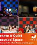 Collage showcasing 12 Pack Acoustic Foam Panels For Walls 12x12x1 High Density Wedge Foam For Sound Absorption In Home Studio
