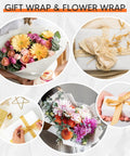 Various gift wrapping styles and flower wraps using packing paper, showcasing artistic presentations for gifts and bouquets.