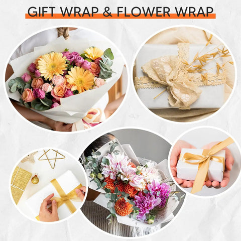 Various gift wrapping styles and flower wraps using packing paper, showcasing artistic presentations for gifts and bouquets.