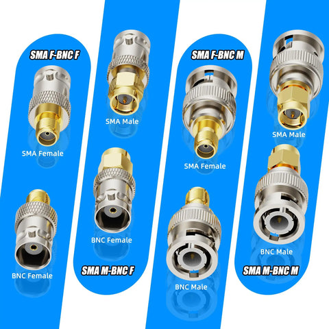 BNC To SMA Adapter Kit Gold Plated 50 Ohm Radio Antenna Adapter For SDR CCTV Ham Radio, various adapter types displayed