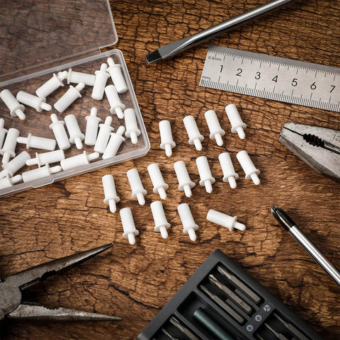 100 Pack Spring Loaded Shutter Repair Pins For Plantation Shutters Replacement Window Tools on a table with pliers and screws