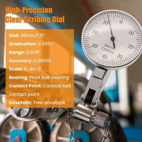 Big Face Dial Indicator 0.0001 Inch Resolution With Brass Body And 7 Jewels Bearings For Machinists And Engineers Pro Grade Imperial 1.5 Inch Dial Gauge For Precision Inspection And Measurement