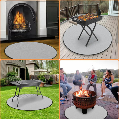 Collage of 24 Inch Round Fire Pit Mat Four Layer Fireproof Shield For Outdoor Grills And Decks Waterproof Heat Resistant Protector