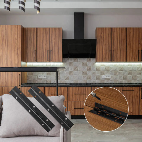 Six Pack Rock Solid Black Piano Hinges 18 Inch Heavy Duty Continuous Barrel Hinges For Cabinets displaying matte black stainless steel hinges.