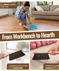 Person using 13 Inch Horsehair Woodworking Brush For Countertop Furniture Drafting Patio Fireplace Cleaning And Leather Care Hand Finished In The USA With Undyed Natural Bristles For Gentle Yet Superior Dusting For Your Workshop to clean hardwood floor.