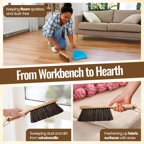 Person using 13 Inch Horsehair Woodworking Brush For Countertop Furniture Drafting Patio Fireplace Cleaning And Leather Care Hand Finished In The USA With Undyed Natural Bristles For Gentle Yet Superior Dusting For Your Workshop to clean hardwood floor.