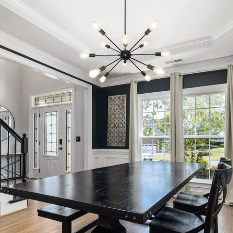 Dining room with Sputnik Style Ceiling Light Fixture With 12 Lights Black Chandelier For Dining Room Kitchen Foyer And Living Areas Adjustable Height From 25.58 To 55.13 Inches Sloped Ceiling Compatible Vintage Industrial Pendant Lamp