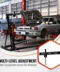 Shop Ready Heavy Duty Hydraulic Engine Hoist With Long Telescopic Boom and Six Smooth Swivel Casters for Quick Heavy Lifts in auto shop.
