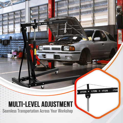 Shop Ready Heavy Duty Hydraulic Engine Hoist With Long Telescopic Boom and Six Smooth Swivel Casters for Quick Heavy Lifts in auto shop.