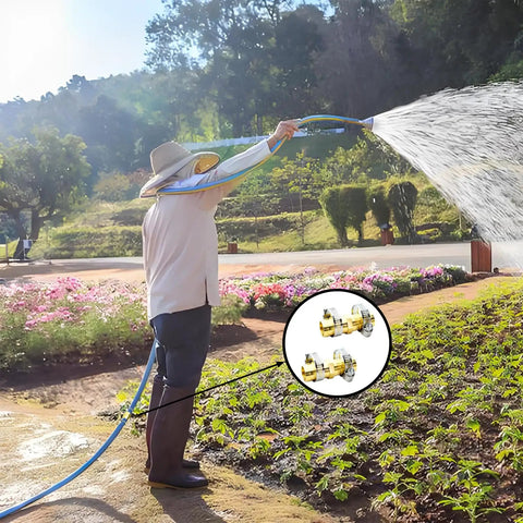 Gardener using hose with Two Pack Brass Garden Hose Connector Repair Kit With Rustproof Stainless Steel Clamps For Three Quarter Inch Water Hose Fittings Easy Leak Fix Mender For Outdoor Garden Hose Repair