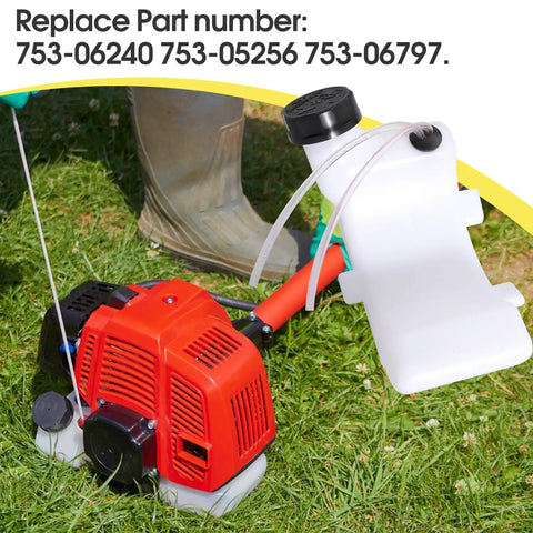 Replacement Fuel Tank For Gas Trimmer Fits Troy-Bilt TB525EC TB590EC TB146EC TB575EC Cub Cadet attached beside red trimmer engine