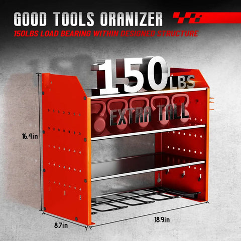 Red Wall Mounted Power Tool Organizer With Four Cordless Tool Holders And Side Hooks For Hammer Pliers And Drill Bits Garage Wall Storage To Keep Your Workspace Tidy And Ready For Quick Projects, dimensions shown with load capacity