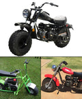 Three minibikes, including Baja Doodlebug DB30, shown with different handlebars, tires, and frames on various surfaces.
