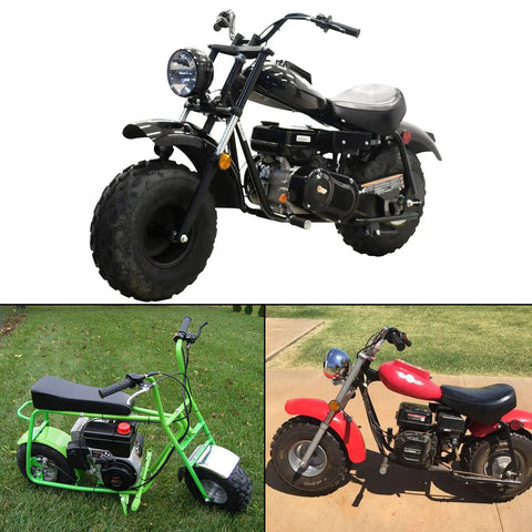 Three minibikes, including Baja Doodlebug DB30, shown with different handlebars, tires, and frames on various surfaces.