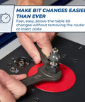 Precision Router Lift For Router Table System With Heavy Duty Plate Insert That Will Not Sag Built For Quick Accurate And Repeatable Setups Smooth Above Table Adjustments And Durable Aluminum Plate close-up of bit change
