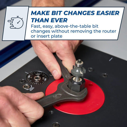 Precision Router Lift For Router Table System With Heavy Duty Plate Insert That Will Not Sag Built For Quick Accurate And Repeatable Setups Smooth Above Table Adjustments And Durable Aluminum Plate close-up of bit change