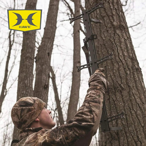 Hunter using Lightweight 30 Inch Aluminum Tree Climbing Sticks 3 Pack For Secure Ascents To Deer Stands Blinds And Tree Stands