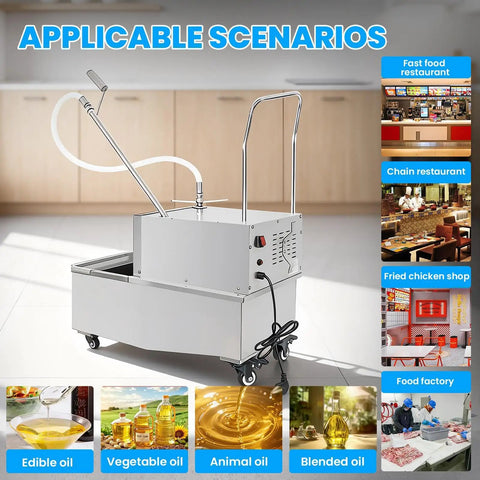 Heavy Duty Commercial Fryer Oil Filter 550W 110V stainless steel unit with casters, ideal for restaurants and kitchens.