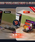 Comparison of desk before and after using Ultimate Desk Charging Station With 200W Total Power, organized cables and devices.