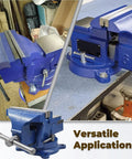 Heavy Duty Bench Vise With Anvil And 360 Degree Swivel Locking Base For A Real Workhorse Clamping In Home Shops Or Industrial Settings, 5 Inch Jaw, 4.92 Inch Wide, 4.33 Inch Opening, Cast Iron Construction, Replaceable Jaws, Steel Handle in blue finish