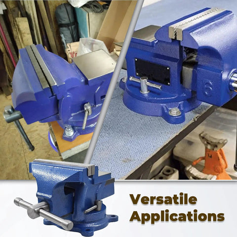 Heavy Duty Bench Vise With Anvil And 360 Degree Swivel Locking Base For A Real Workhorse Clamping In Home Shops Or Industrial Settings, 5 Inch Jaw, 4.92 Inch Wide, 4.33 Inch Opening, Cast Iron Construction, Replaceable Jaws, Steel Handle in blue finish