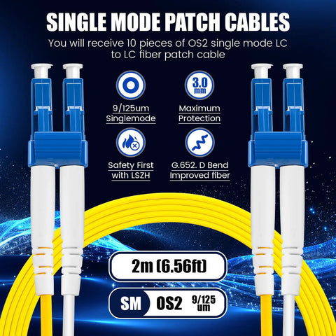 10 Piece LC To LC Single Mode OS2 Fiber Patch Cables, 6.5 Feet Long, Heavy Duty PVC, Built Like A Tank For Rock Solid Connectivity, Plug And Play, Total Banger For Your Network Rig And Data Center with yellow cable and blue connectors.