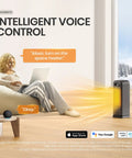 Woman using Alexa to control Smart Indoor Space Heater With Wi Fi And Voice Control 1500W Portable Electric Heater With Thermostat