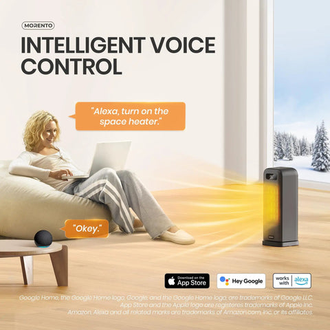 Woman using Alexa to control Smart Indoor Space Heater With Wi Fi And Voice Control 1500W Portable Electric Heater With Thermostat