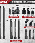 Beefed Up 18 Piece Impact Socket Adapter Set With Extension Bars and Universal Joints for One Quarter Three Eighths and One Half Inch Drive