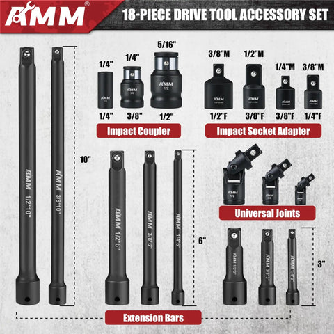 Beefed Up 18 Piece Impact Socket Adapter Set With Extension Bars and Universal Joints for One Quarter Three Eighths and One Half Inch Drive
