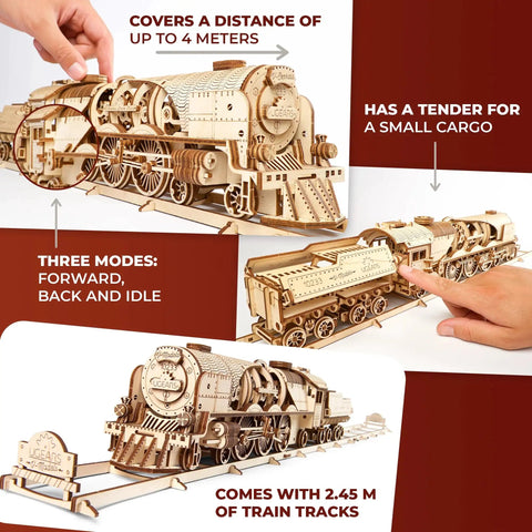 Steam Train 3D Wooden Puzzle Kit With Tender for Adults, Intricate Wooden Model Train Build, Dope Brain Teaser Engine Kit, Vintage Steam Engine Craft, Realistic Details, Challenging Yet Rewarding Project, wooden train with tender and tracks