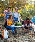 Four Piece Top Tier Folding Table Leg Extenders With Adjustable Heights From Three To Thirteen Inches Crafted From Solid Rust Proof Steel To Elevate Your Setup Kick Lower Back Strain Away And Keep Your Gear Dope For Indoor Or Outdoor Use Daily with friends at a campsite.