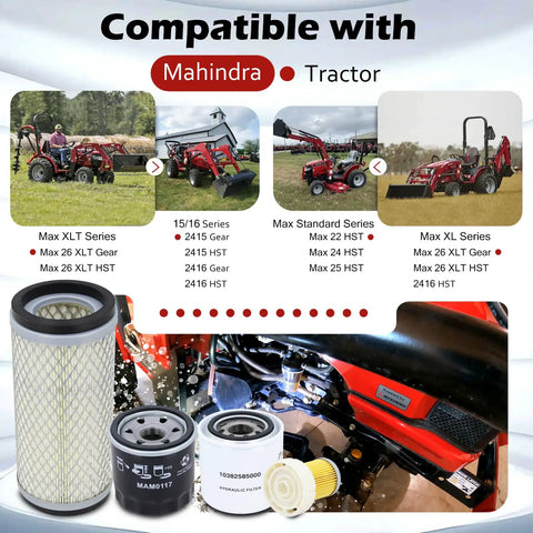 All In One Heavy Duty Tractor Filter Kit For 2415 2516 22 24 25 26 Max Series HST Gear XL Tractors Air Oil Fuel Hydraulic Filters Replaces MAM0117 35460501800 10382585000 31A6200317 showing compatibility with Mahindra tractors