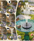 2.5W Solar Fountain Pump With 6 Nozzles For Bird Bath Garden Pond Pool Fish Tank Outdoor Water Feature Sun Powered Ready In Seconds No Fuss Setup depicted in colorful garden scene with birds and butterflies.