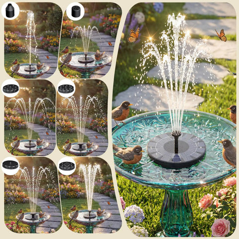 2.5W Solar Fountain Pump With 6 Nozzles For Bird Bath Garden Pond Pool Fish Tank Outdoor Water Feature Sun Powered Ready In Seconds No Fuss Setup depicted in colorful garden scene with birds and butterflies.