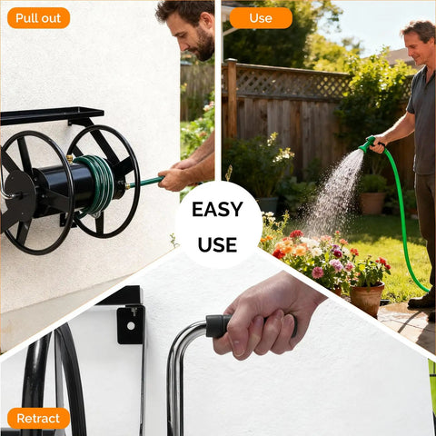 Garden Hose Reel Wall Mounted With 175 Ft Capacity For Three Quarter Inch Hose Heavy Duty Space Saving Rolling Design in Use