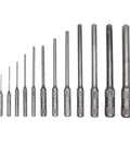 Pilot Punch 12 Piece Set In A Kit Bag With Black Oxide Finish For Driving And Removing Roll Pins Made In USA, laid out in order.