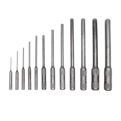 Pilot Punch 12 Piece Set In A Kit Bag With Black Oxide Finish For Driving And Removing Roll Pins Made In USA, laid out in order.