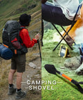 Kids 28 Inch D Handle Shovel for Digging Gardening Beach and Camping Metal Blade With Fiberglass Handle Lightweight Mini Shovel used during camping, shown attached to a backpack and next to a campfire.