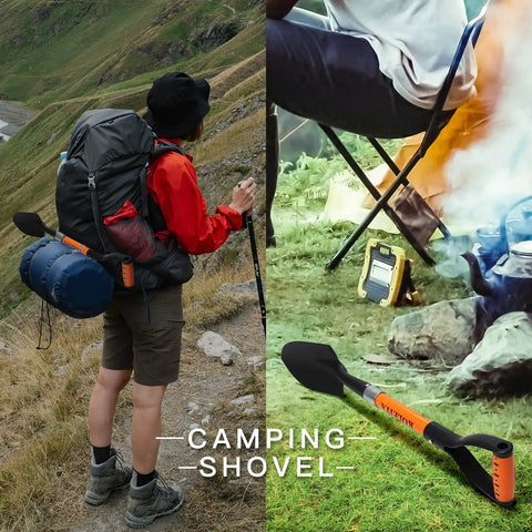 Kids 28 Inch D Handle Shovel for Digging Gardening Beach and Camping Metal Blade With Fiberglass Handle Lightweight Mini Shovel used during camping, shown attached to a backpack and next to a campfire.