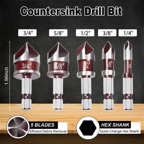 5 Piece Countersink Drill Bit Set With 82 Degree 5 Flute HSS Bits And Quick Change Hex Shank sizes 1/4 to 3/4 inch displayed