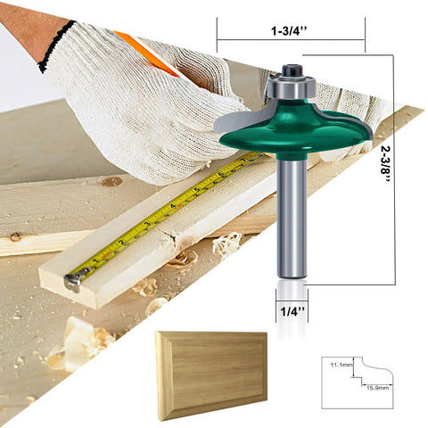 Five Piece Woodworking Router Bit Set With 1 Quarter Inch Shank For Cabinets, Doors, Frames And Molding, Razor Sharp Carbide Cutters For CNC Milling, A Breeze To Use On MDF, Solid Wood, Particle Board, And Plywood. 1/4 in router bit shown with 1-3/4 in cut