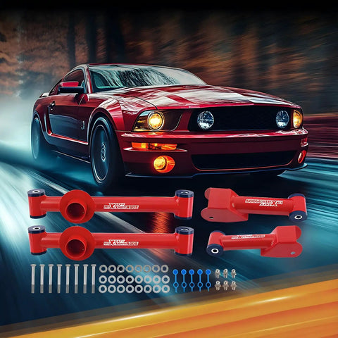 Ford Mustang Rear Upper And Lower Tubular Control Arm Kit With Hardware For 1979 2004 Camber Arms Beefed Up Performance Suspension Upgrade For Street Track Use Today, red tubular arms and hardware