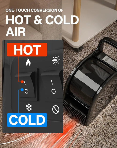 Floor Drying Air Mover With Warm Breeze And UV Lamp, showing control panel for hot and cold air, 3 speed high velocity blower