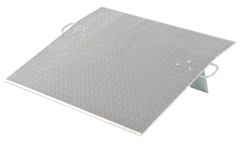 Heavy Duty Aluminum Workhorse Dock Plate 36X36 Inch Economizer Platform Moves 2500 Pounds Like A Champ with beveled ramp.