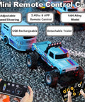 One Sixty Fourth Scale Mini Remote Control Monster Truck with Trailer on Rug, Showing Dual 2.4GHz and App Control Features
